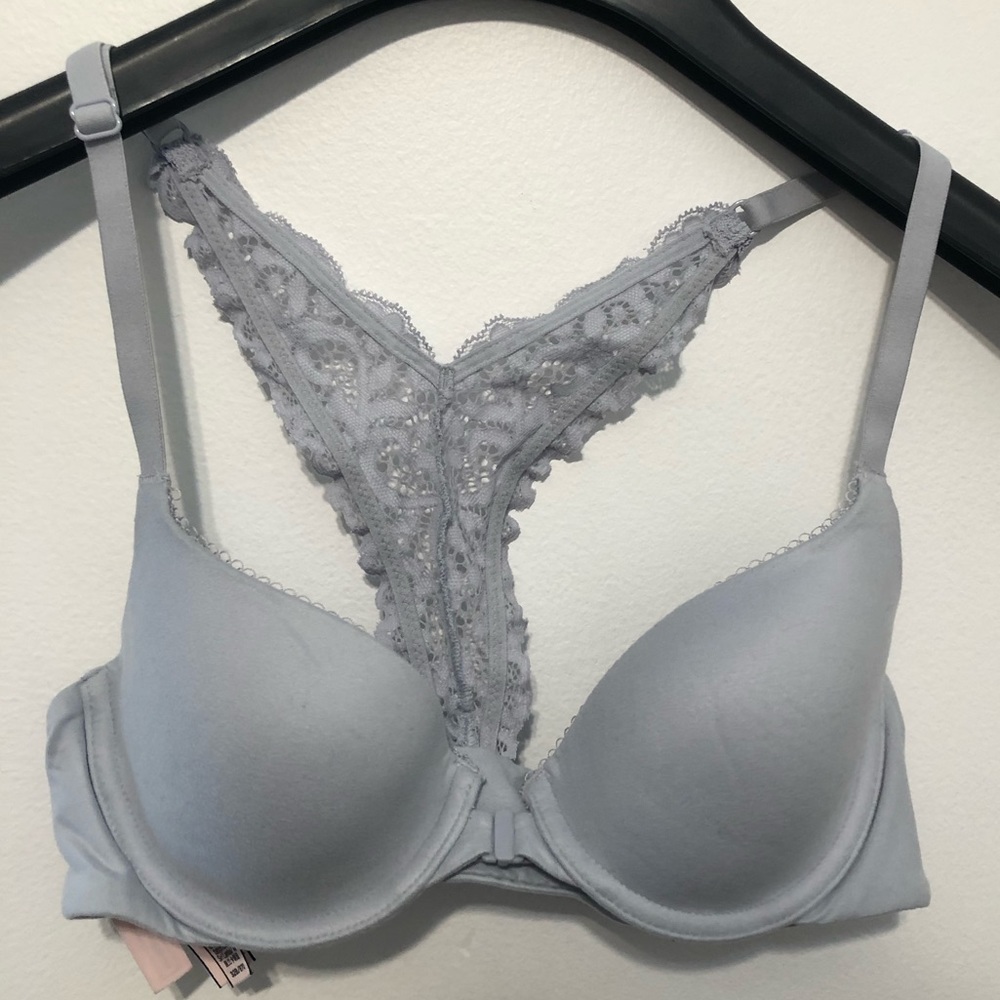 VS Pale Blue Racerback Front close Bra